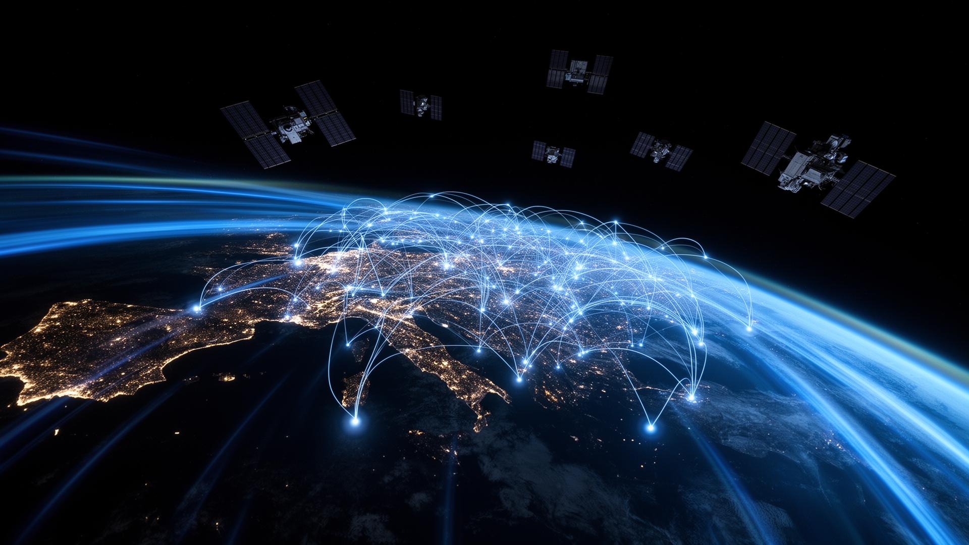 Vista aérea noturna conectada por satélite