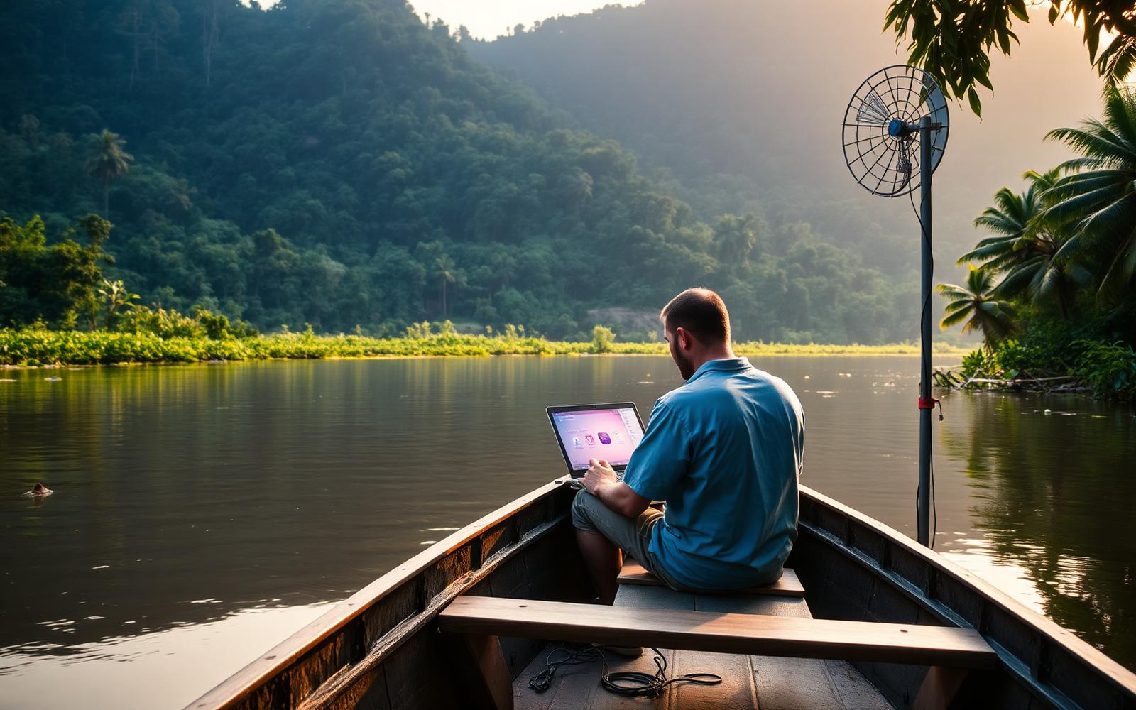 Internet via satélite usada em uma viagem de barco